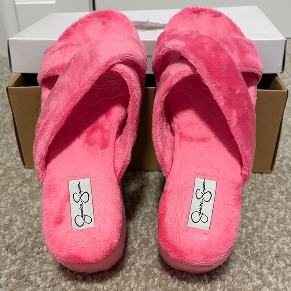 Jessica Simpson Shoes - Jessica Simpson pink, fuzzy platform slippers. Size: 8M.